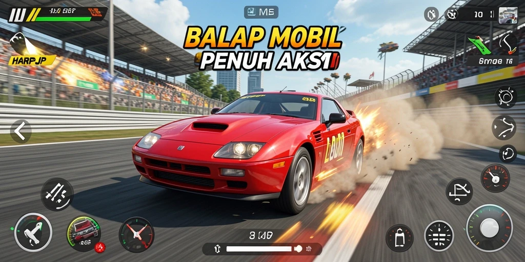 Screenshot menunjukkan aksi seru balap mobil di lintasan.