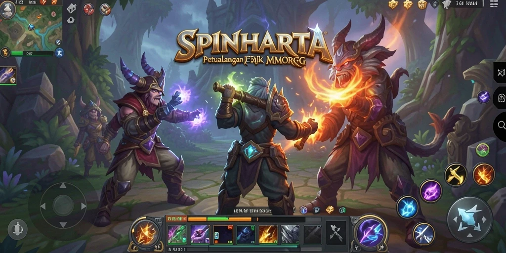 Tangkapan layar utama SPINHARTA menampilkan aksi epik dalam petualangan MMORPG.